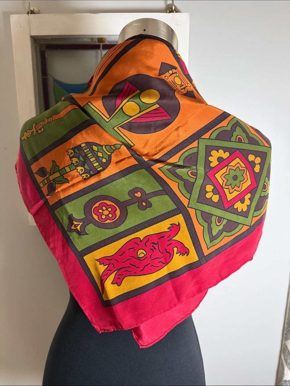Vintage Doncaster 100% Silk Scarf – Vibrant Red Multi-Color Ethnic/Tribal Print